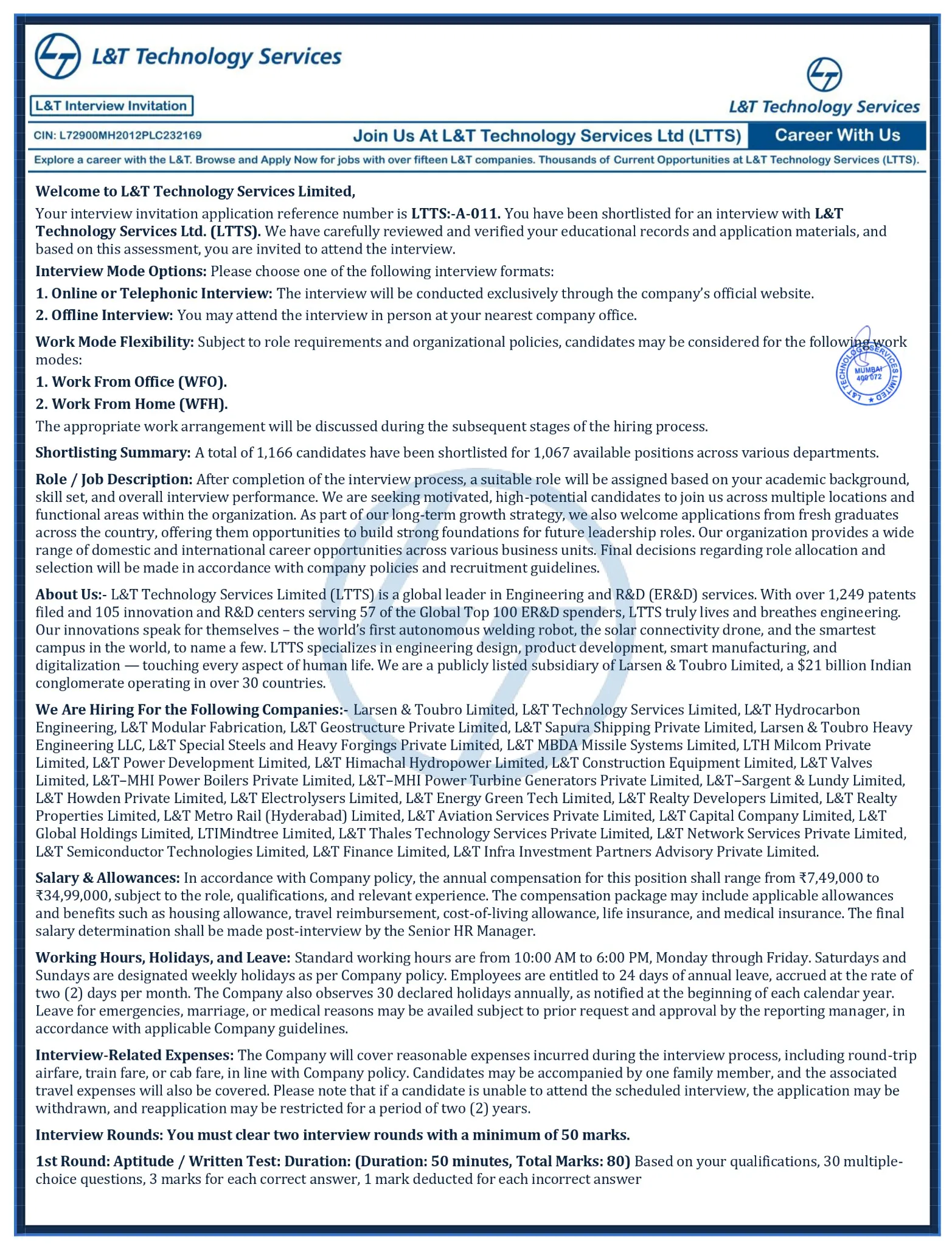 Interview Letter Page 1